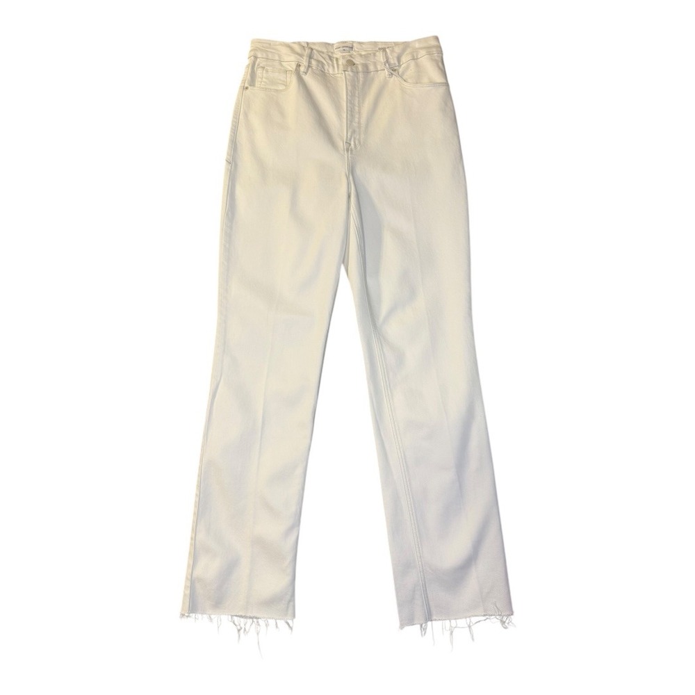 Good American Good Icon Straight Jeans Cloud White High Rise Raw Hem Size 15